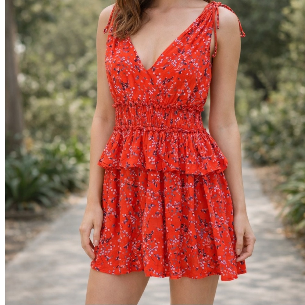 Line & Dot Red Floral Tie-Shoulder Smocked Mini Dress